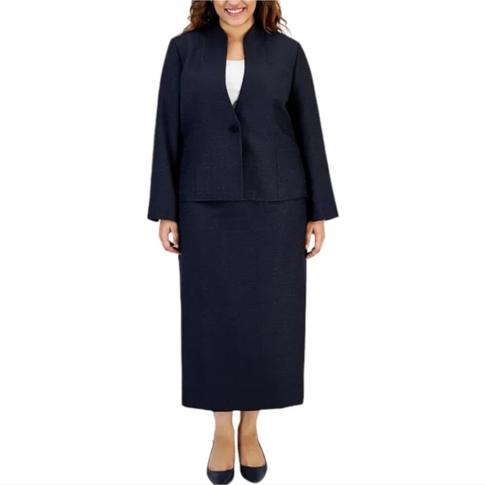 Le Suit Plus Size 16 W‎ Shimmer Tweed Jacket & Midi Skirt Navy Blue New